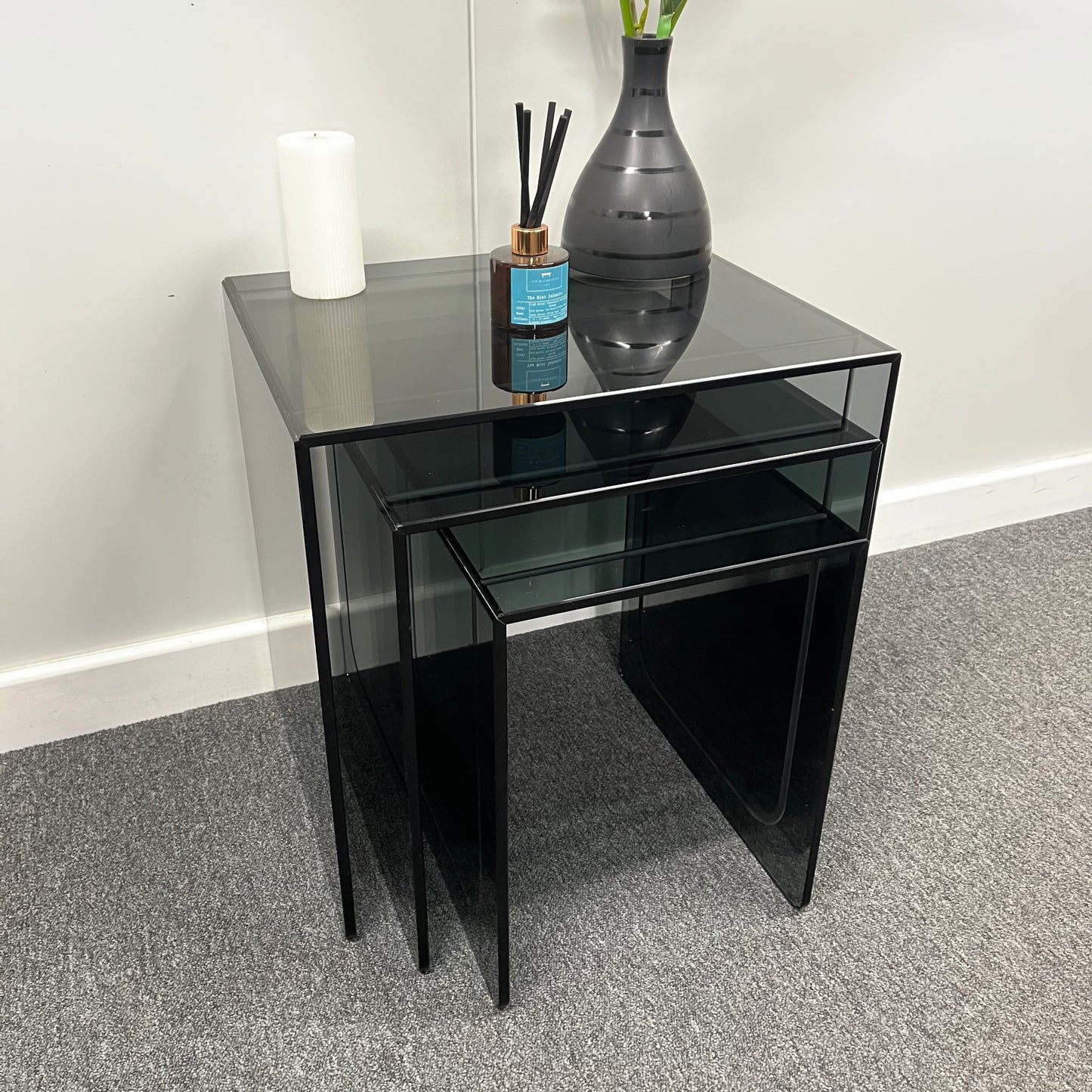 Modern Smoked Glass Nesting Tables – Set of 3 | 10mm Tempered Grey Tint Glass, Frameless & UV Bonded