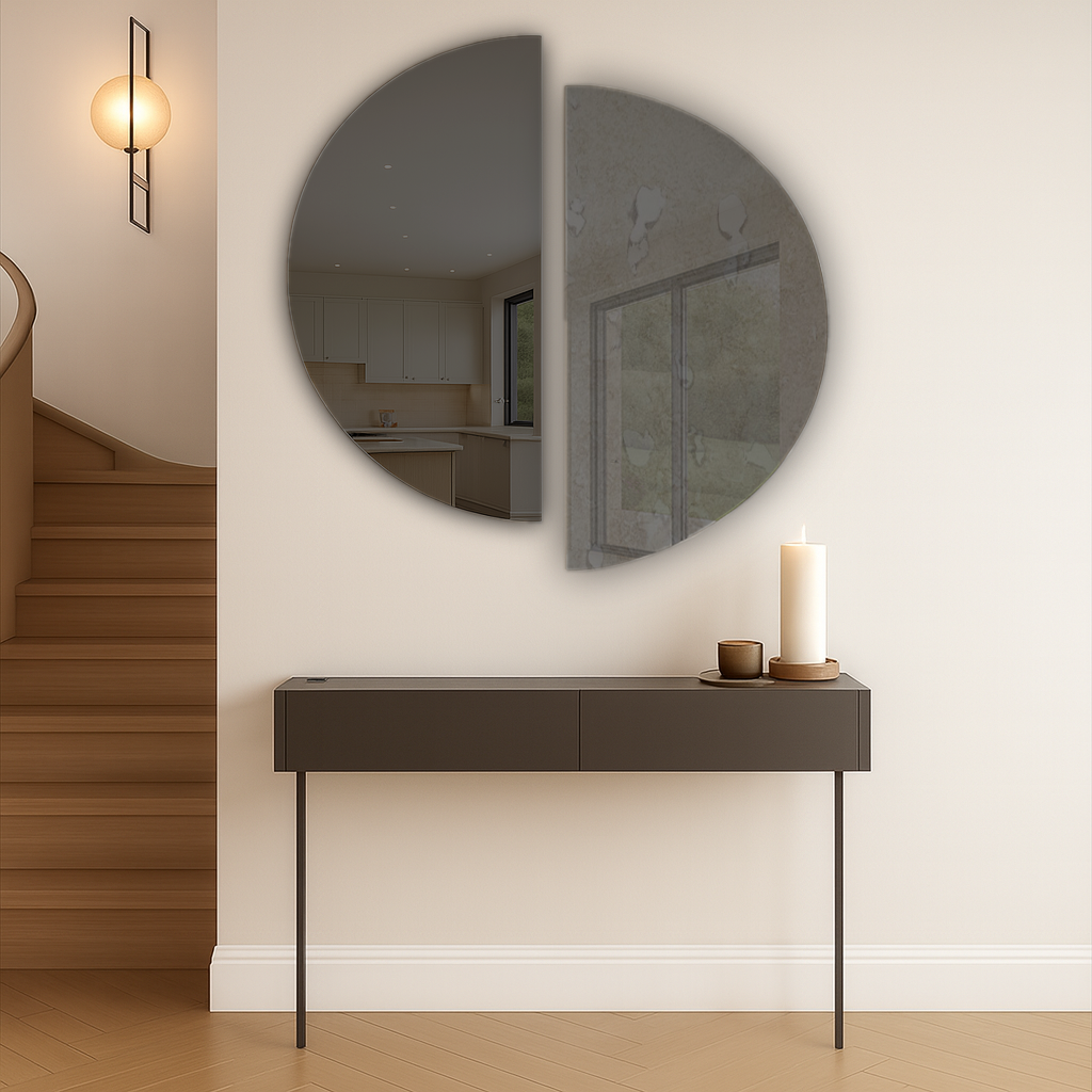 Set Of 2 Half-Moon Antique Grey & Grey Frameless Wall Mirror