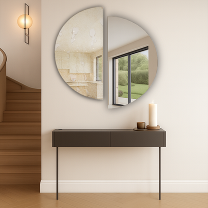 Set Of 2 Half-Moon Antique Silver & Silver Frameless Wall Mirror