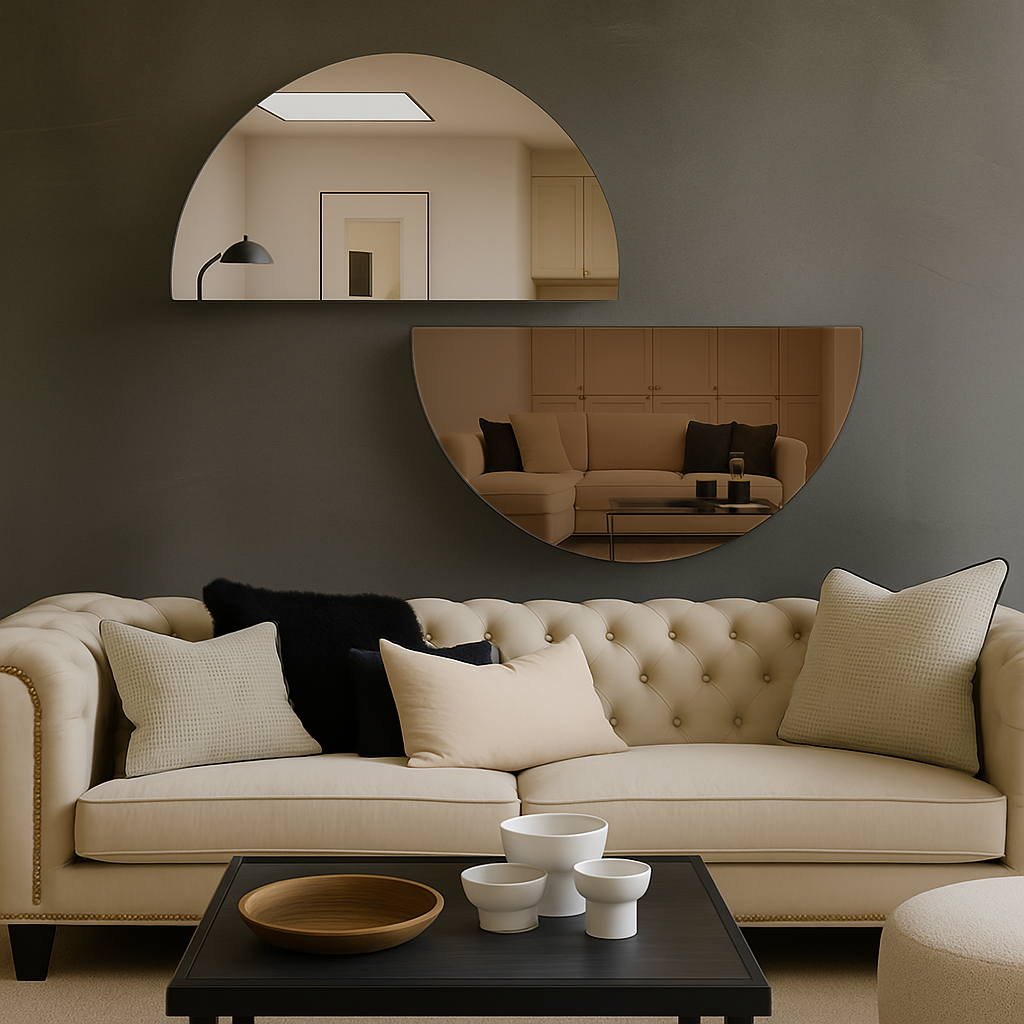 Set Of 2 Half-Moon Silver & Bronze Frameless Wall Mirror