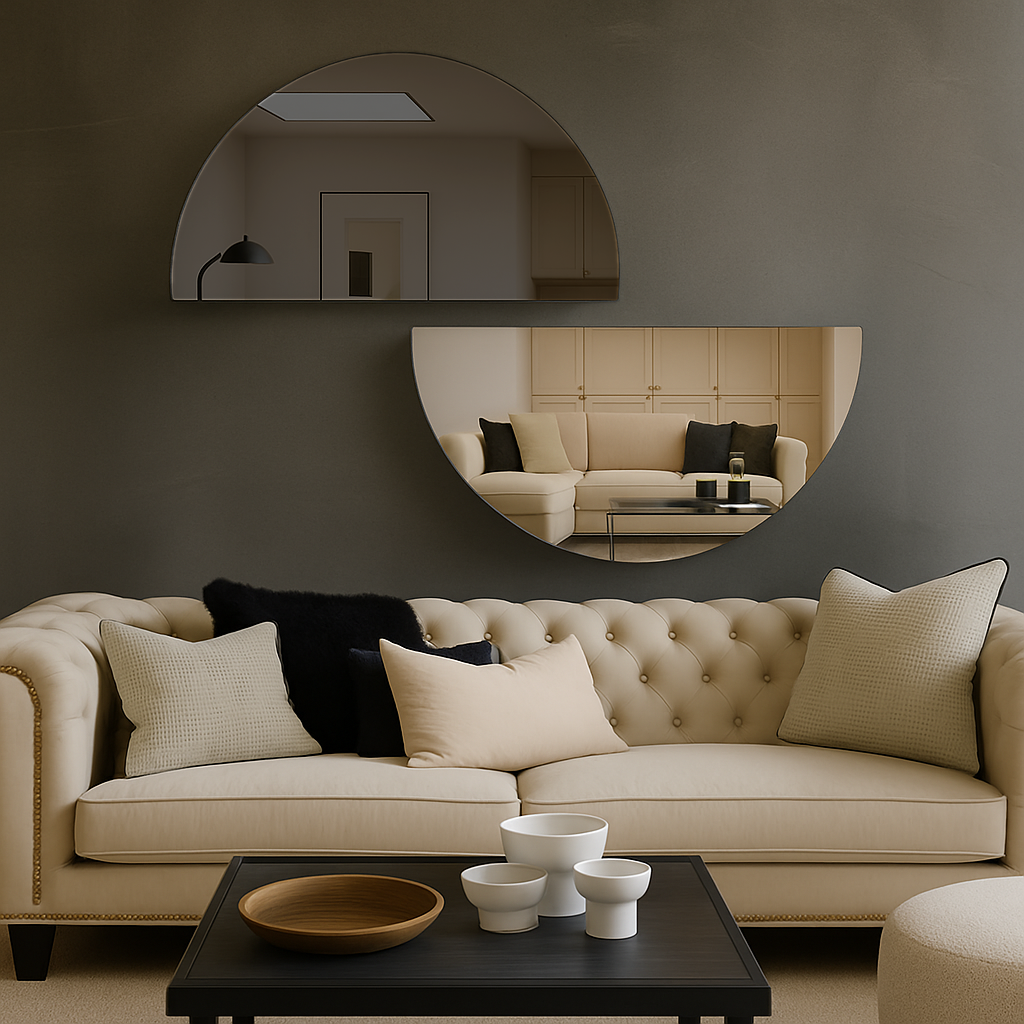 Set Of 2 Half-Moon Silver & Grey Frameless Wall Mirror