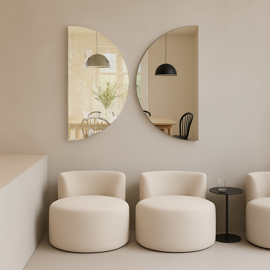 Set Of 2 Half-Moon Antique Silver & Silver Frameless Wall Mirror