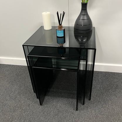 Modern Smoked Glass Nesting Tables – Set of 3 | 10mm Tempered Grey Tint Glass, Frameless & UV Bonded