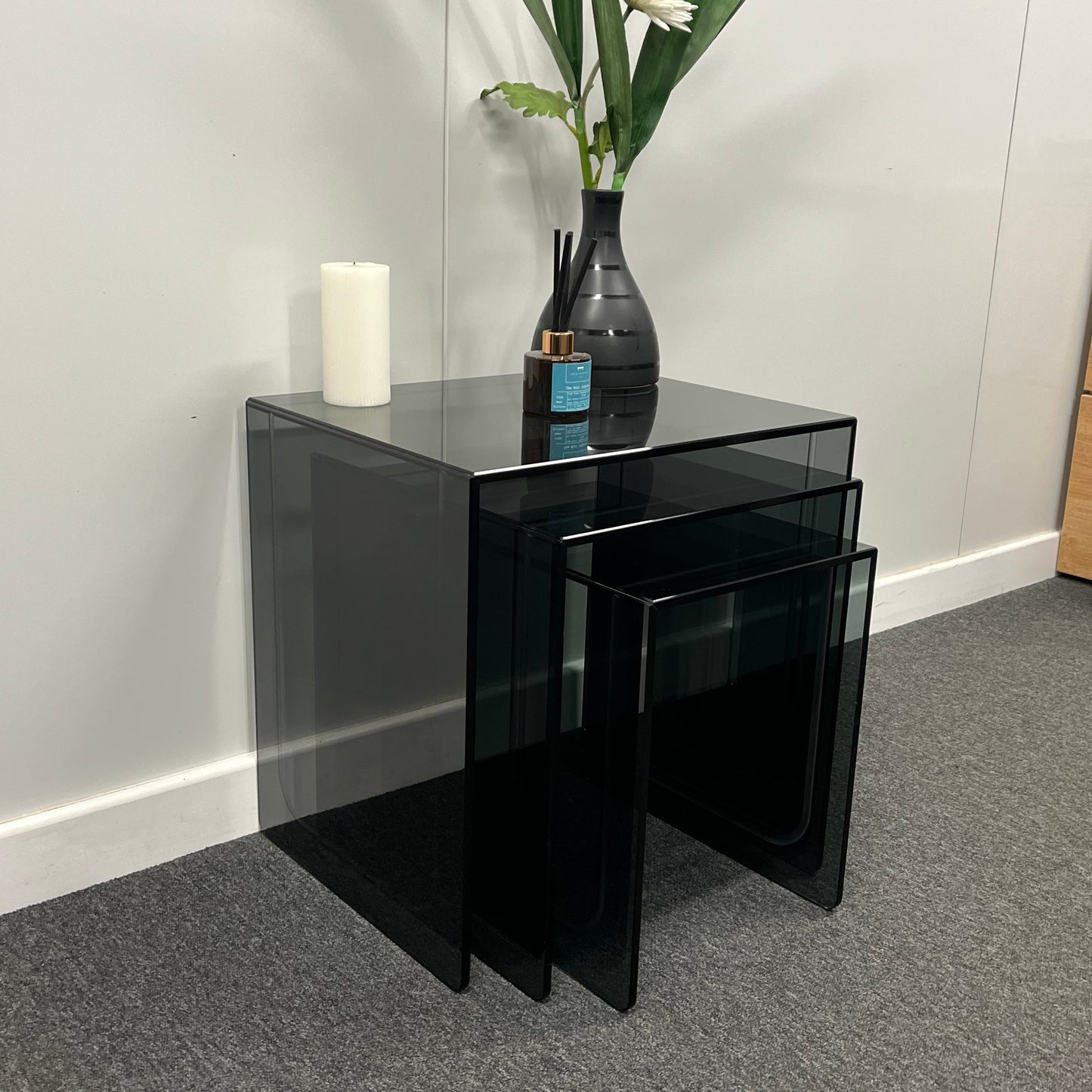 Modern Smoked Glass Nesting Tables – Set of 3 | 10mm Tempered Grey Tint Glass, Frameless & UV Bonded