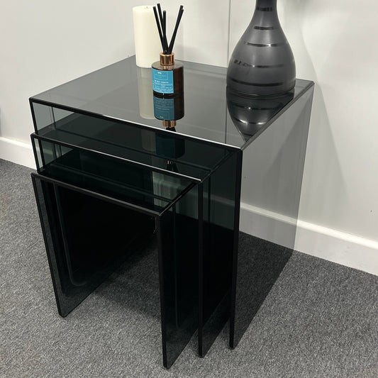Modern Smoked Glass Nesting Tables – Set of 3 | 10mm Tempered Grey Tint Glass, Frameless & UV Bonded