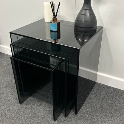Modern Smoked Glass Nesting Tables – Set of 3 | 10mm Tempered Grey Tint Glass, Frameless & UV Bonded