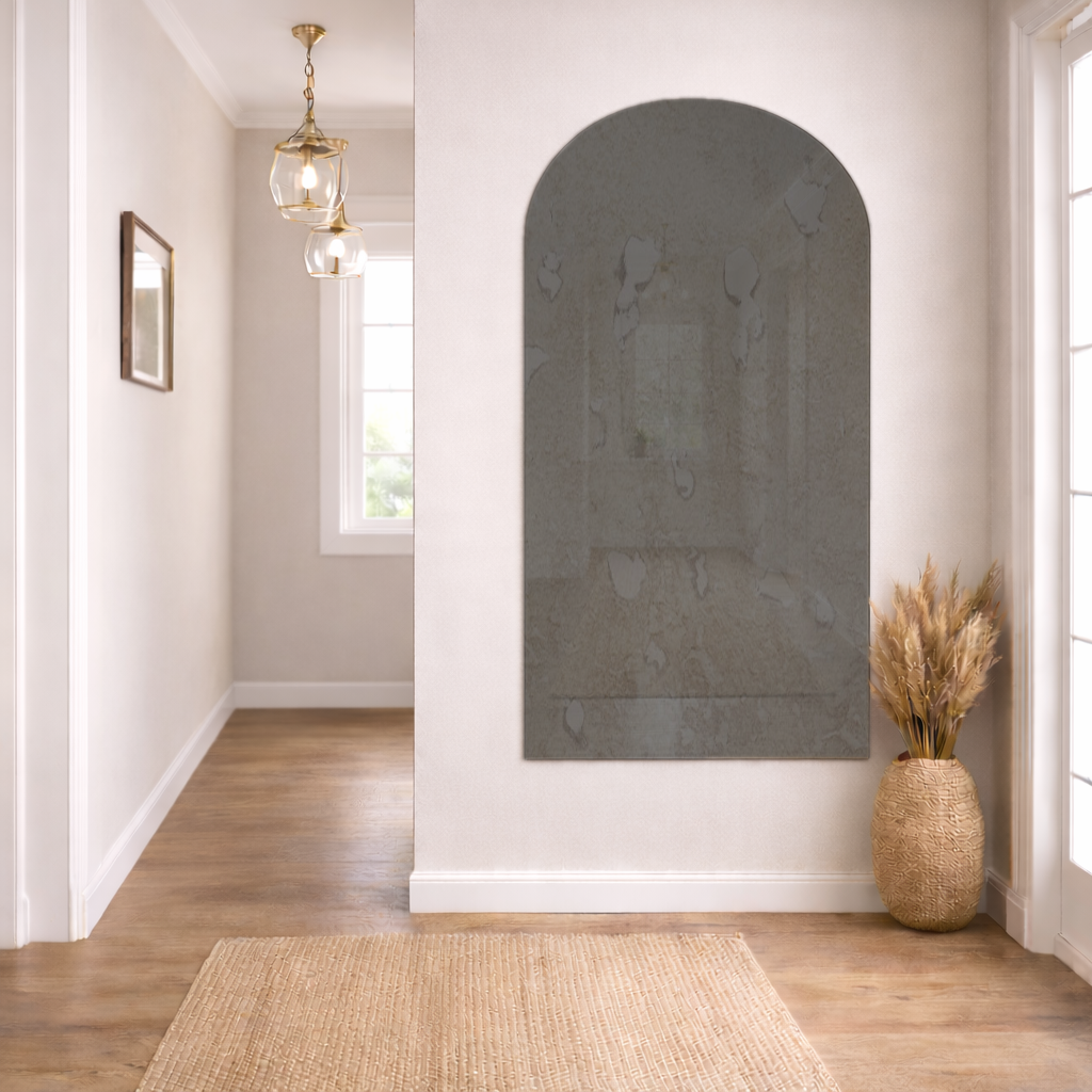 Arched Antique Grey Frameless Wall Mirror – Modern Minimalist Home Décor