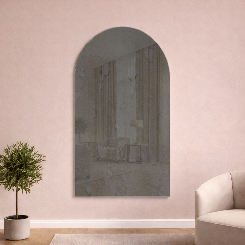 Arched Antique Grey Frameless Wall Mirror – Modern Minimalist Home Décor