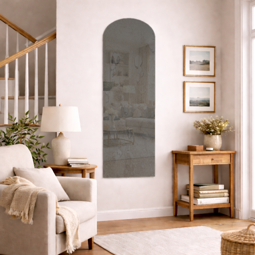 Arched Antique Grey Frameless Wall Mirror – Modern Minimalist Home Décor