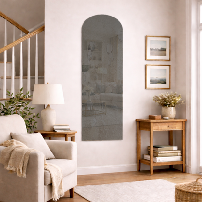 Arched Antique Grey Frameless Wall Mirror – Modern Minimalist Home Décor