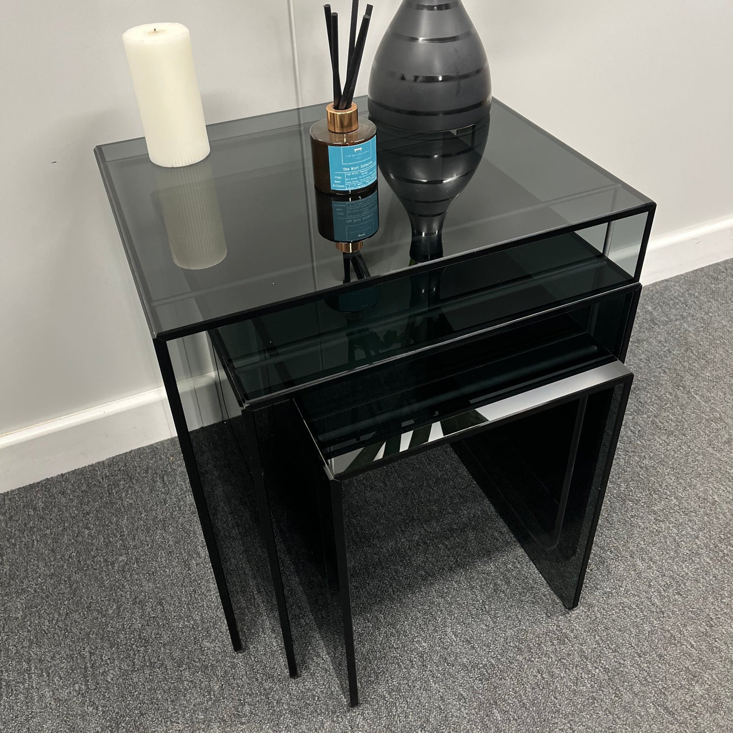 Modern Smoked Glass Nesting Tables – Set of 3 | 10mm Tempered Grey Tint Glass, Frameless & UV Bonded