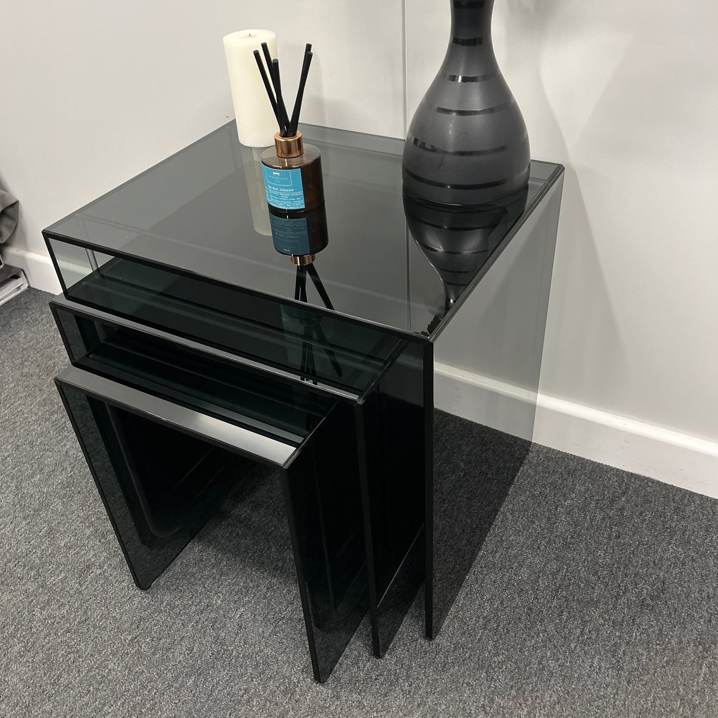 Modern Smoked Glass Nesting Tables – Set of 3 | 10mm Tempered Grey Tint Glass, Frameless & UV Bonded