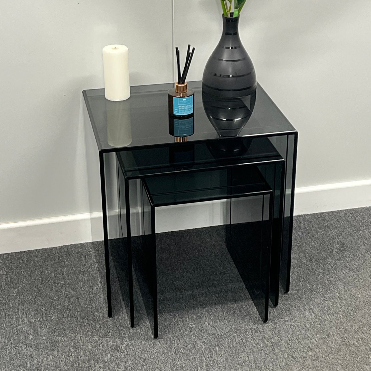 Modern Smoked Glass Nesting Tables – Set of 3 | 10mm Tempered Grey Tint Glass, Frameless & UV Bonded