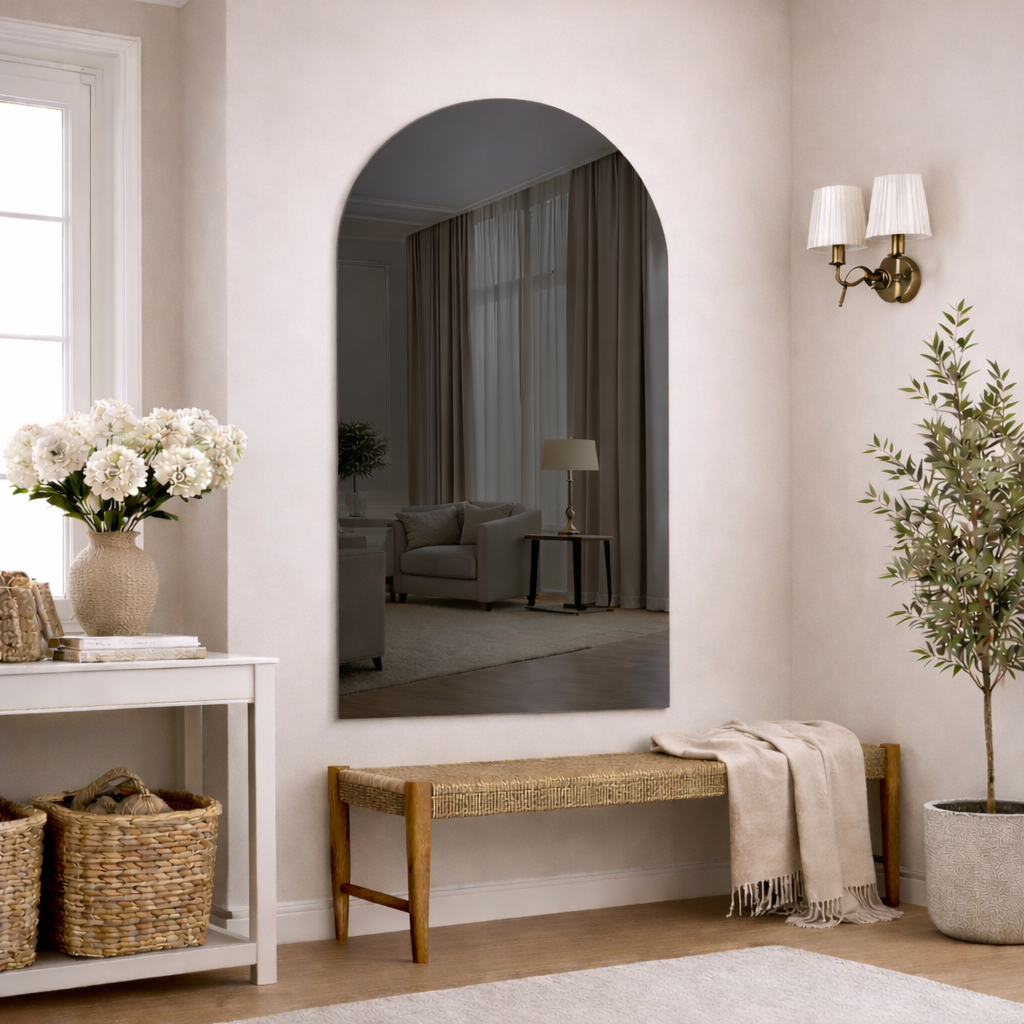 Arched Grey Frameless Wall Mirror – Modern Minimalist Home Décor