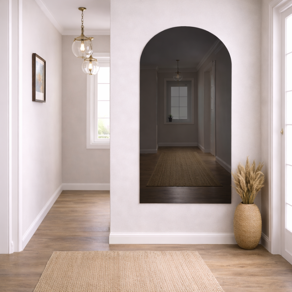 Arched Grey Frameless Wall Mirror – Modern Minimalist Home Décor