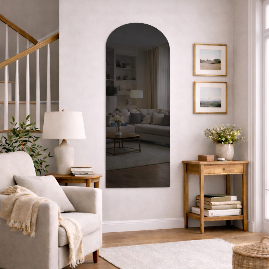 Arched Grey Frameless Wall Mirror – Modern Minimalist Home Décor