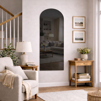 Arched Grey Frameless Wall Mirror – Modern Minimalist Home Décor