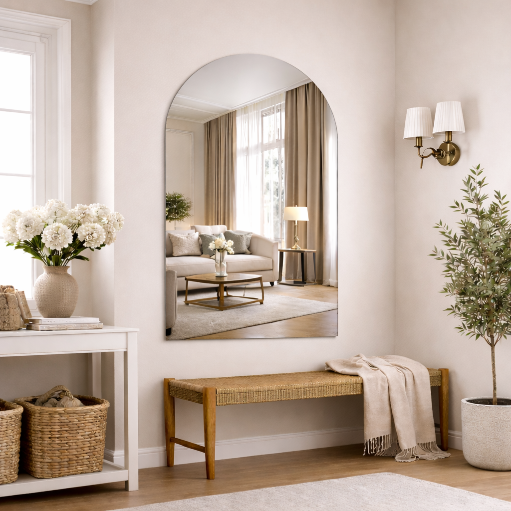 Arched Silver Frameless Wall Mirror – Modern Minimalist Home Décor
