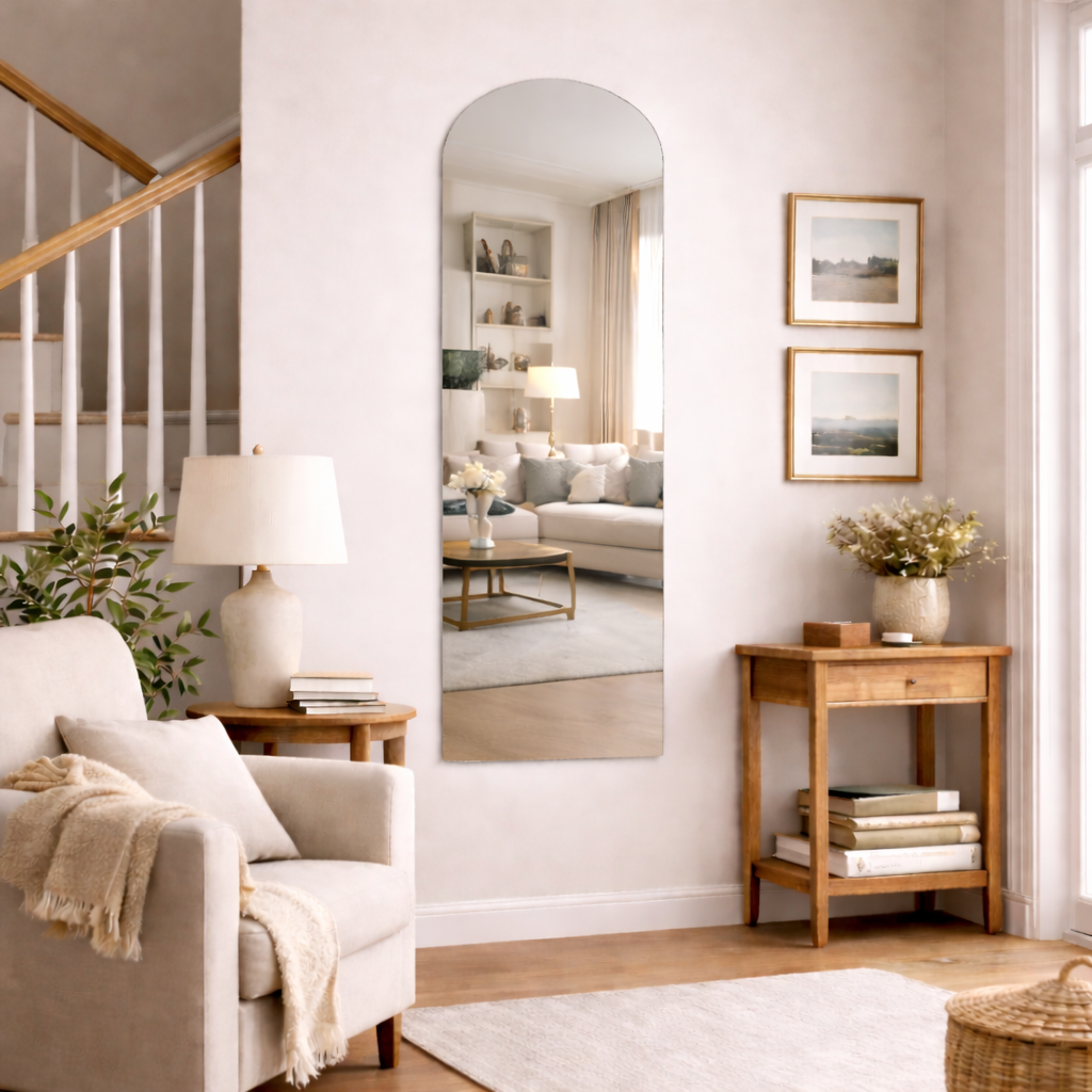 Arched Silver Frameless Wall Mirror – Modern Minimalist Home Décor