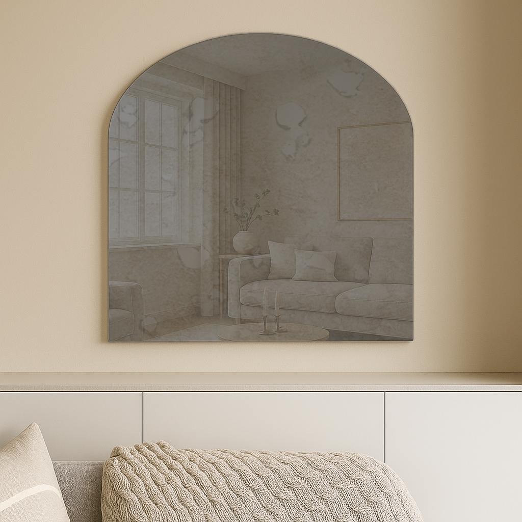 Arched Antique Grey Frameless Wall Mirror – Modern Minimalist Home Décor