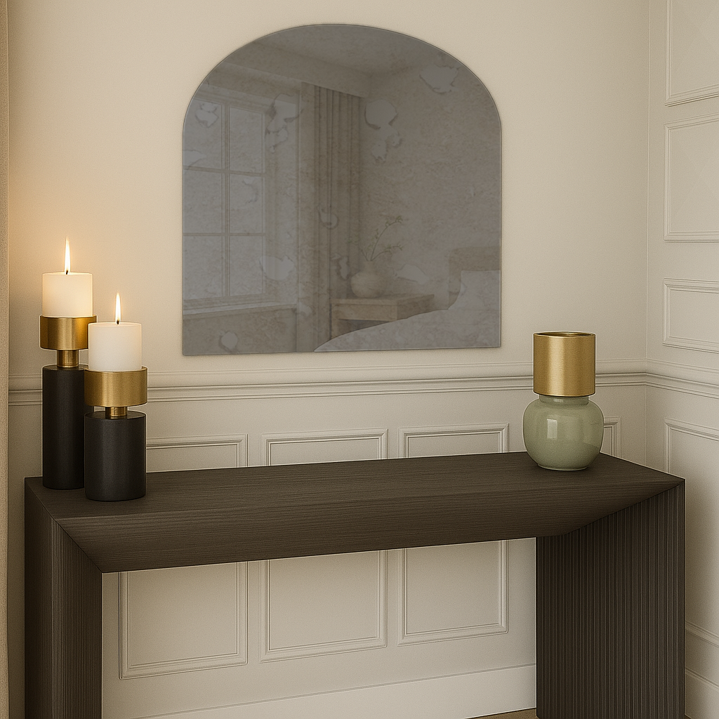 Arched Antique Grey Frameless Wall Mirror – Modern Minimalist Home Décor