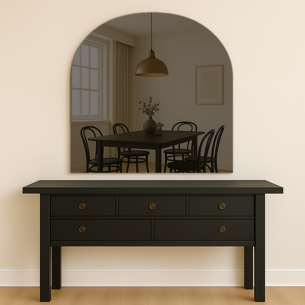 Arched Grey Frameless Wall Mirror – Modern Minimalist Home Décor