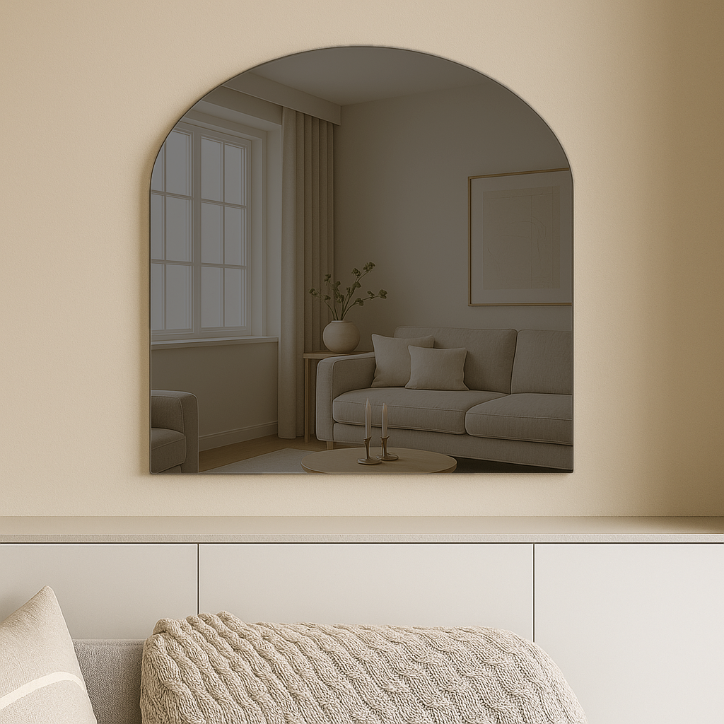 Arched Grey Frameless Wall Mirror – Modern Minimalist Home Décor