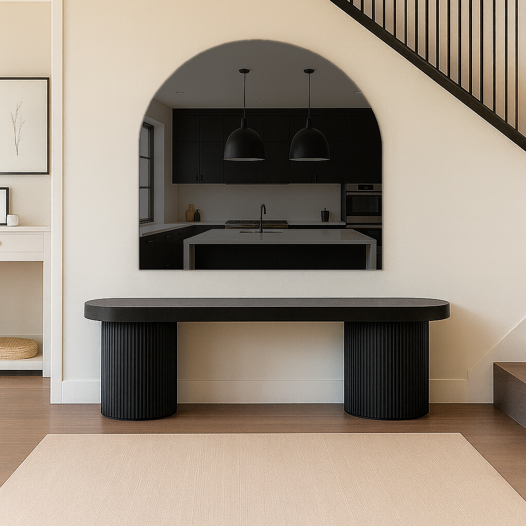 Arched Grey Frameless Wall Mirror – Modern Minimalist Home Décor