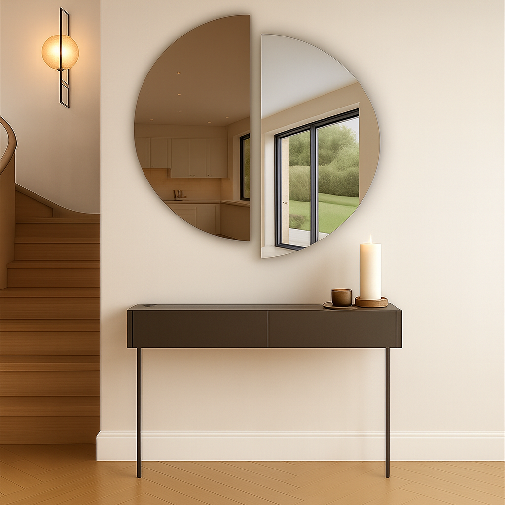 Set Of 2 Half-Moon Silver & Bronze Frameless Wall Mirror