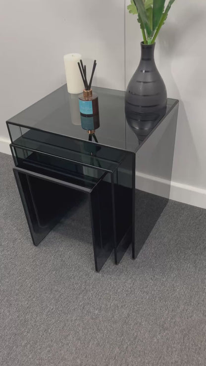 Modern Smoked Glass Nesting Tables – Set of 3 | 10mm Tempered Grey Tint Glass, Frameless & UV Bonded